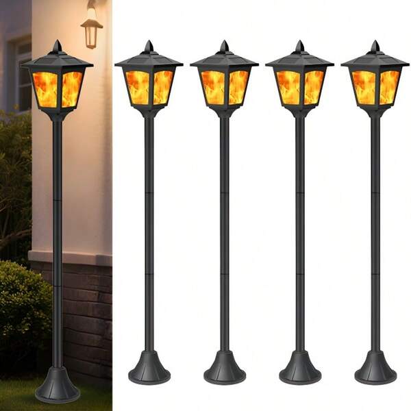 4 Pack 40" Solar Flame Lights, IP65 Waterproof Outdoor Post Lights With 3D Flickering Flame, Dusk To Dawn Solar Column Lights For Garden, Driveway, Patio, Yard Decor