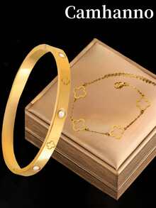 Camhanno 2pcs Simple And Elegant 18K Gold-Plated Stainless Steel Hollow Clover Shaped Bracelet Sets, Suitable For Women's Daily Or Date Wear, Or As Holiday Gifts - Yellow Gold - View 3