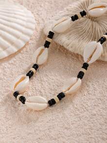 1pc Men's Simple Wooden Bead & Shell Necklace, Bohemian Beaded Shell Jewelry Accessory, Suitable For Summer Beach Wear - Color Mixing - View 5