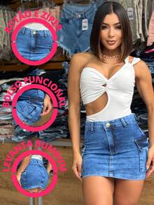 Women's High Waist Twill Cargo Skirt With Lycra Side Pockets Short Butt Lift - 淺藍色 - 查看 5