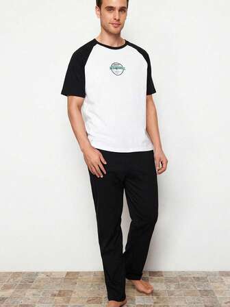 男士两件套睡衣套装，带插肩印花圆领睡衣套装，适合夏季