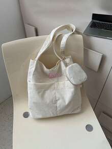 1pc Personalized Embroidered Name Sturdy Canvas Tote Bag For Women, Large Capacity Commuter Shoulder Bag, School/Campus Customized Shopping Bag, Nature Style Gift For Friends & Family, Suitable For Daily Use, Christmas, Easter, Spring Festival, Mother's Day, Women's Day, Valentine's Day, Teacher's Day, Nurse's Day, Birthday - Multicolor - View 2