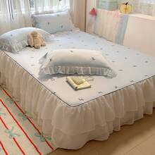 3pcs Double-Layer Chiffon Bed Ruffle Set, Refreshing & Clean Atmosphere, Skin-Friendly & Soft, Machine Washable, Bedroom, Home, Summer, 120g Fabric - Blue - View 2