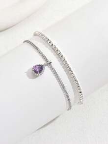 2pcs/Set Luxury Elegant Water Drop Cubic Zirconia Pendant Anklets, Ideal For Beach, Daily Wear, Travel Shoots, Surprise Gift For Loved Ones - Silver - View 3