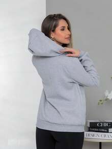 Women's Fashion Cold Weather Sweatshirt Coat Flannel Hooded Zipper Side Pockets - 灰色 - 查看 4