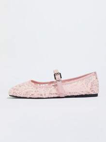 Women's Pink Flat Ballet Flats With Floral Embroidery, Breathable Hollow Mesh Open Toe Summer Shoes, Wide Fit Mary Jane Shoes