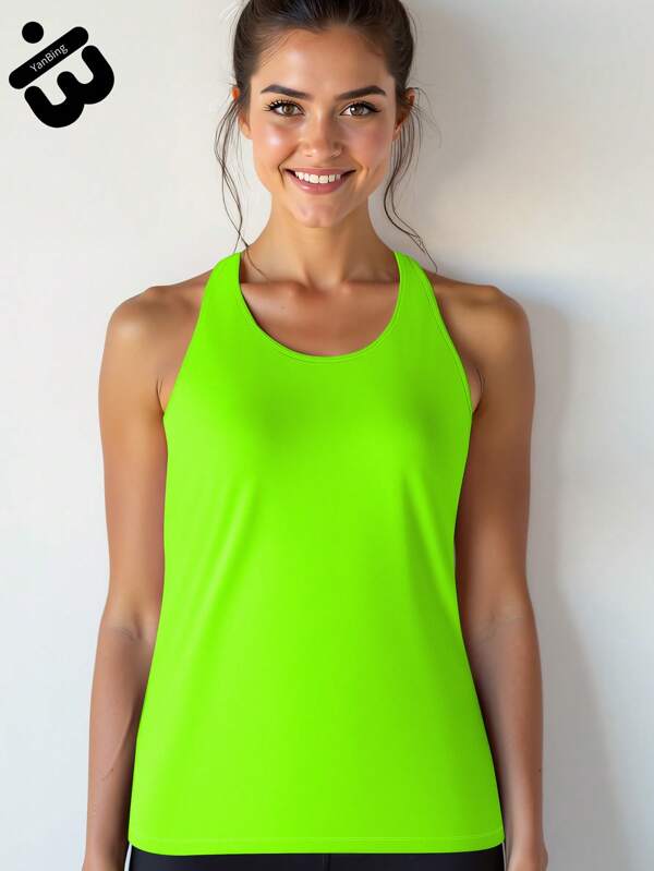 1 pièce Débardeur de sport pour femmes sans manches dos nageur ouvert en vert néon. Tissu respirant et fonctionnel parfait pour la gym, l'entraînement, la course, le yoga, la randonnée en plein air, le camping d'été, les week-ends décontractés et les vacances à la plage. Très pratique.