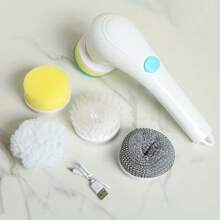 1 Escova Elétrica Giratória Multifuncional, com 5 Cabeças de Escova Intercambiáveis, Escova de Chuveiro Elétrica Portátil e Sem Fio Adequada para Escritório, Piso, Azulejo, Banheira, Cozinha e Banheiro