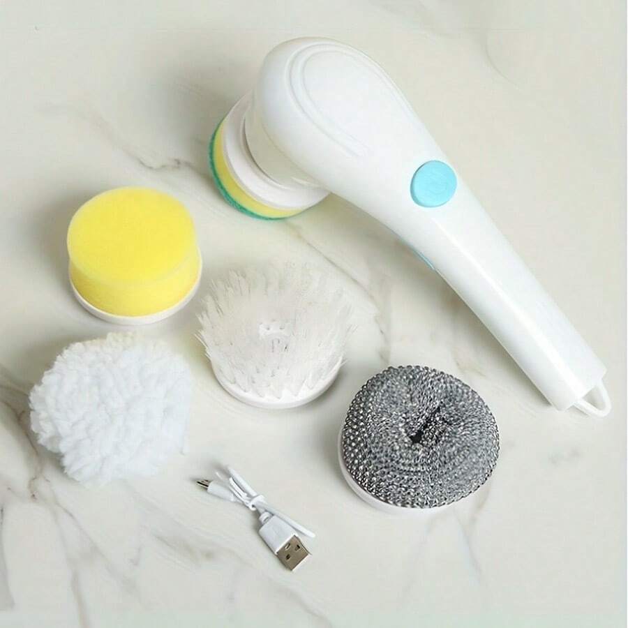 1 Escova Elétrica Giratória Multifuncional, com 5 Cabeças de Escova Intercambiáveis, Escova de Chuveiro Elétrica Portátil e Sem Fio Adequada para Escritório, Piso, Azulejo, Banheira, Cozinha e Banheiro