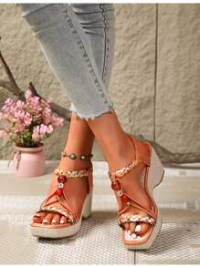 Sandalias de cuña con plataforma y tacón grueso para mujer, sandalias bohemias con cuentas y diseño slip-on