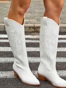 Botas vaqueras para mujer, botas vaqueras hasta la rodilla, bordadas, tacones gruesos, punta puntiaguda, botas vaqueras altas y largas, sin cordones