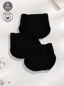 3 Pares de Calcinhas de Cintura Alta Femininas, Calcinha de Algodão Puro Plus Size, Respirável e Confortável, Cueca Básica Sem Costura e Elástica