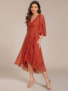 EVER-PRETTY Women's Lace V Neck Sheer Midi Burnt Orange Wedding Guest Dresses Formal Dresses For Wedding