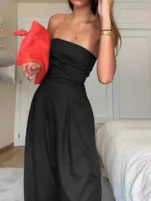 Women's Strapless Cinched Waist Pocket Wide Leg Jumpsuit, Solid Color Polyester, Summer - Black - View 6