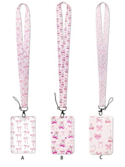 1pc INS Style Pink Bow Cherry & Heart Bow Pattern Hanging Rope Card Holder, Key Chain Hard Case ID Card Holder, Suitable For Bus Card, ID Card, Work Card, Student ID, Convention Card, Party Badge School Supplies, Back To School
