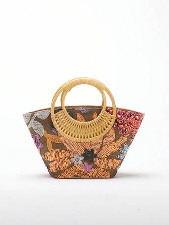 1 件彩色 PVC 亮片花网眼刺绣水桶包，亚麻底部配圆环竹制手柄，女士夏季海滩度假休闲手提包