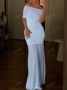Abito lungo estivo da donna in tubo, effetto accartocciato in in rete con inserti, bodycon, elegante e sexy, da festa e cerimonia
