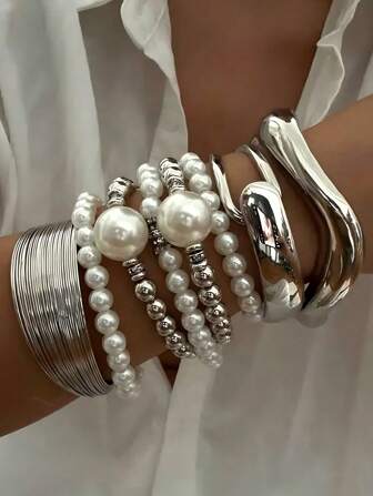 5pcs/Set Elegant Luxurious Punk Style Vintage Faux Pearl Bracelet Set For Women & Girls, Suitable For Daily Wear, Wedding, Holiday, Party