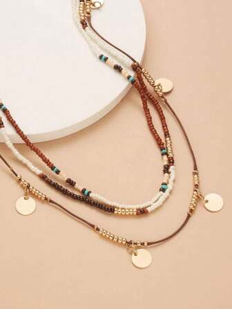 1pc New Bohemian Beaded Necklace, 3-Layer Handmade Woven Women Necklace For Daily Wear