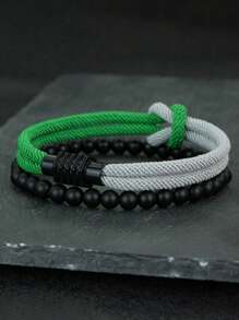 Set da 2 braccialetti da uomo alla moda, bracciale in corda con nodo, fibbia magnetica, colore giallo e rosso