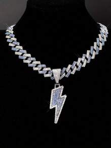 1 pieza Collar con colgante de hombre con relámpago de cristal de hielo - Cadena cubana brillante, estilo Hip-Hop Rapper