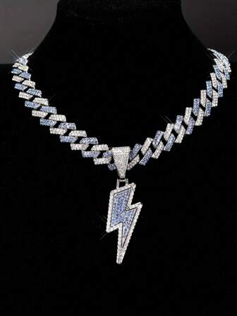 1pc Men's Ice Crystal Lightning Pendant Necklace - Shiny Cuban Chain, Hip-Hop Rapper Style