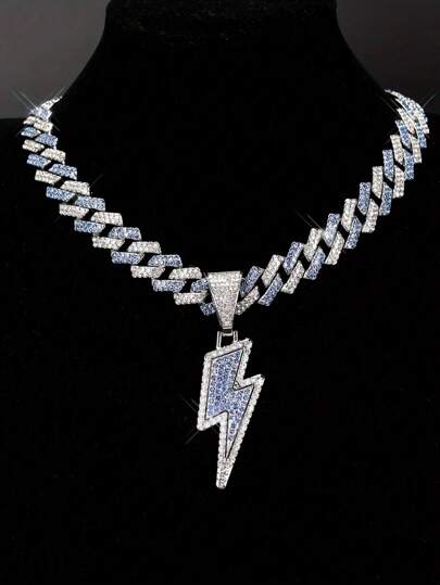 1pc Men's Ice Crystal Lightning Pendant Necklace - Shiny Cuban Chain, Hip-Hop Rapper Style