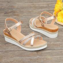 Aijiangluo Sandálias femininas novas, leves, versáteis e de bico aberto, com sola grossa e tira trançada, estilo férias de verão, adequadas para encontros, compras, deslocamento, festas e praia - Rosa ouro - Ver 8