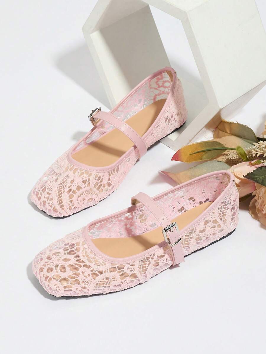 Women's Pink Flat Ballet Flats With Floral Embroidery, Breathable Hollow Mesh Open Toe Summer Shoes, Wide Fit Mary Jane Shoes