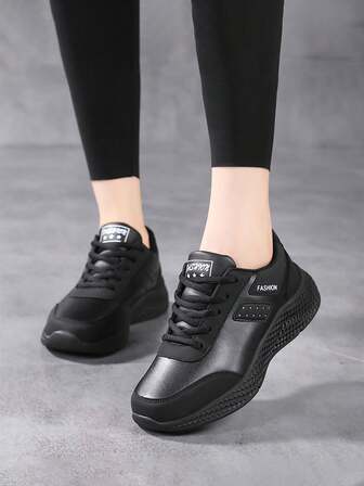 女士运动鞋，时尚休闲鞋，黑色低帮舒适皮革防水运动鞋，适合女士，春秋季