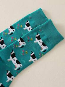 Cow Flower Pattern Women Mid Calf Socks Novelty Animal Design - Multicolor - View 4