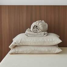 4 Pcs 100% Washed Linen Sheet Set-Natural French Flax Bed Sheet- Breathable,Ultra Soft,Farmhouse Bedding (1 Flat Sheet, 1 Fitted Sheet, 2 Pillowcases) With Lace Hemstitch