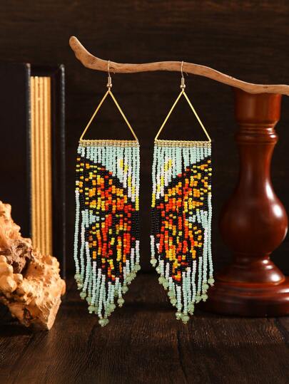 Handmade Beaded Vintage Triangle Butterfly Tassel Dangle Earrings, Bohemian Style Retro Earrings, Fashion Accessories For Women, Great Gift For Holidays