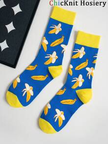 1 Pair Women Fashion Creative Banana Pattern Mid-Calf Socks, Fruit Series Stylish Socks Suitable For Everyday Wear