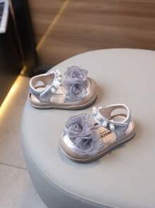 1 Pair Girls' Flower & Tower Design Classic Children PU Lace-Up Flat Sandals With Pearl Decor, Cute Baby/Toddler Summer/Spring/Autumn/Winter Shoes