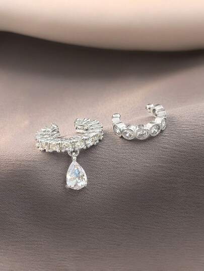 2 adet Çift Katmanlı Sentetik Kübik Zirkonyum Moda Damla Klipsli Küpeler, Kadınlar İçin Takı, Minimalist Tasarım, Bakır Malzeme