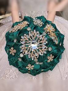 1 件时尚新娘婚礼奢华金色水钻花束，配祖母绿缎带、玫瑰、人造永生花球，适用于婚礼、情人节求婚、教堂玫瑰插花 W319I - 手捧花 - 查看 12