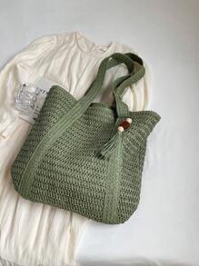 New Fashion Versatile Tote Bag, Beach Holiday Bag, Lightweight Elegant Design Straw Woven Boho Style Shoulder Bag, Large Capacity Commuting Daily Shopping Vacation Handbag For Women, College Students, Teens, With Tassel Pendant