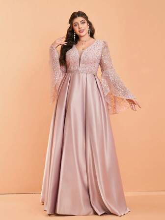 V-Neck Sweet Plus Size Maxi Dress, Floral Print, Fine Stitching, Embroidery, Waist Belt, Ruffle Sleeves, Satin, Long Dress