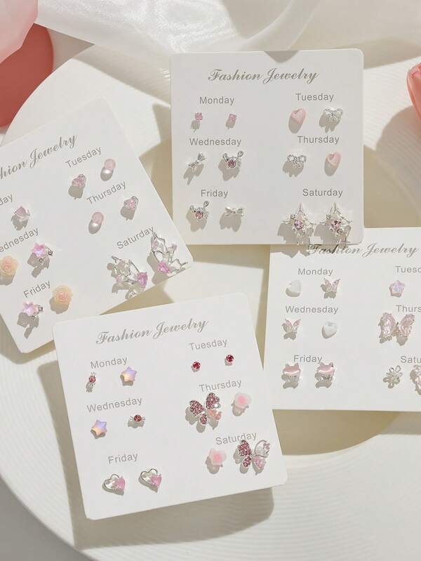 6pairs/Set Zinc Alloy Micro-Inlaid Stud Earrings & Butterfly Earrings Set, Minimalist Elegant Heart-Shaped Earrings, Luxurious High-Quality Love Design Elegant Earrings