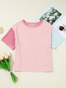 Acelitt Camiseta de manga corta casual de verano para mujer con cuello redondo, bloque de color, textura de rayas y patchwork multicolor