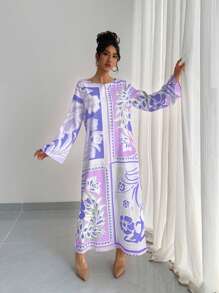 Elegant Arabic Robe, Summer Loose Fit Lightweight Breathable Round Neck Long Sleeve Casual Resort Style Gown, Traditional Arabic Clothing Formal Dress, Holiday Cocktail Dress