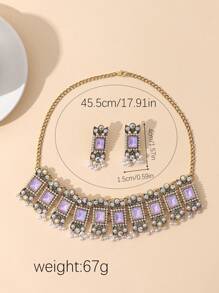 Retro European & American Exaggerated Bohemian Rhinestone Pearl Beads Square Gemstone Choker Necklace Tassel Earrings 3-Piece Set