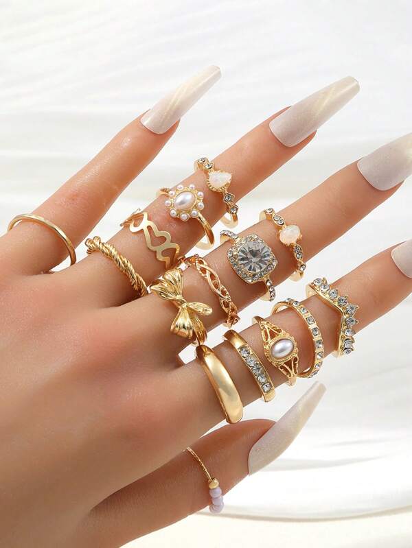 15 Stücke/Set Luxus-Micro-Einlegarring-Set mit Zirkonia für Frauen, süßer Schleifenring in Herzform, Accessoire, geeignet für den täglichen Gebrauch