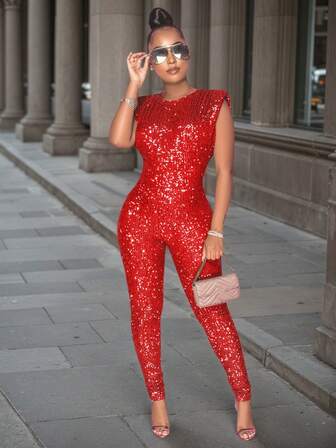 Damglamorös ärmlös paljett- och rygglös lång festjumpsuit med dragkedja, mycket stretchigt tyg för en lockande look, ärmlös rund hals med paljettbeläggning, midjebeklädd jumpsuit, höstkläder för kvinnor, vinterjumpsuit för kvinnor, halloweendräkt, nyårskläder