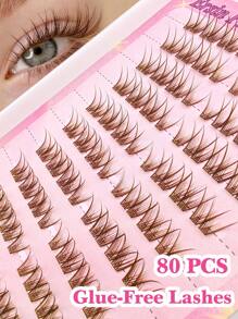 80 片棕色自粘睫毛簇蓬松 10-14 毫米混合长度套装，无需胶水蓬松单根睫毛自粘 DIY 睫毛延长预粘簇睫毛自然纤细睫毛延长 C 卷睫毛簇无需胶水无需卸妆假睫毛睫毛簇、睫毛簇、单根睫毛、睫毛、假睫毛