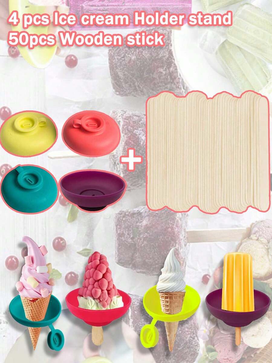 4 件硅胶冰淇淋支架套装和 50 根工艺棒、夏季冰棒架、防漏锥体支架（带滴水保护装置）、便携式冰棒模具托盘（带便携包，可随身携带零食）- 可用洗碗机清洗、DIY 木制工艺蜡制品、家庭艺术项目、艺术用品