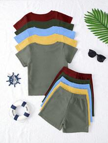 10pcs/Set Boys' Casual Solid Color Waffle Knitted Soft Comfortable Short Sleeve T-Shirt And Shorts Set, Outdoor Leisure Wear, Spring/Summer - Multicolor - View 2