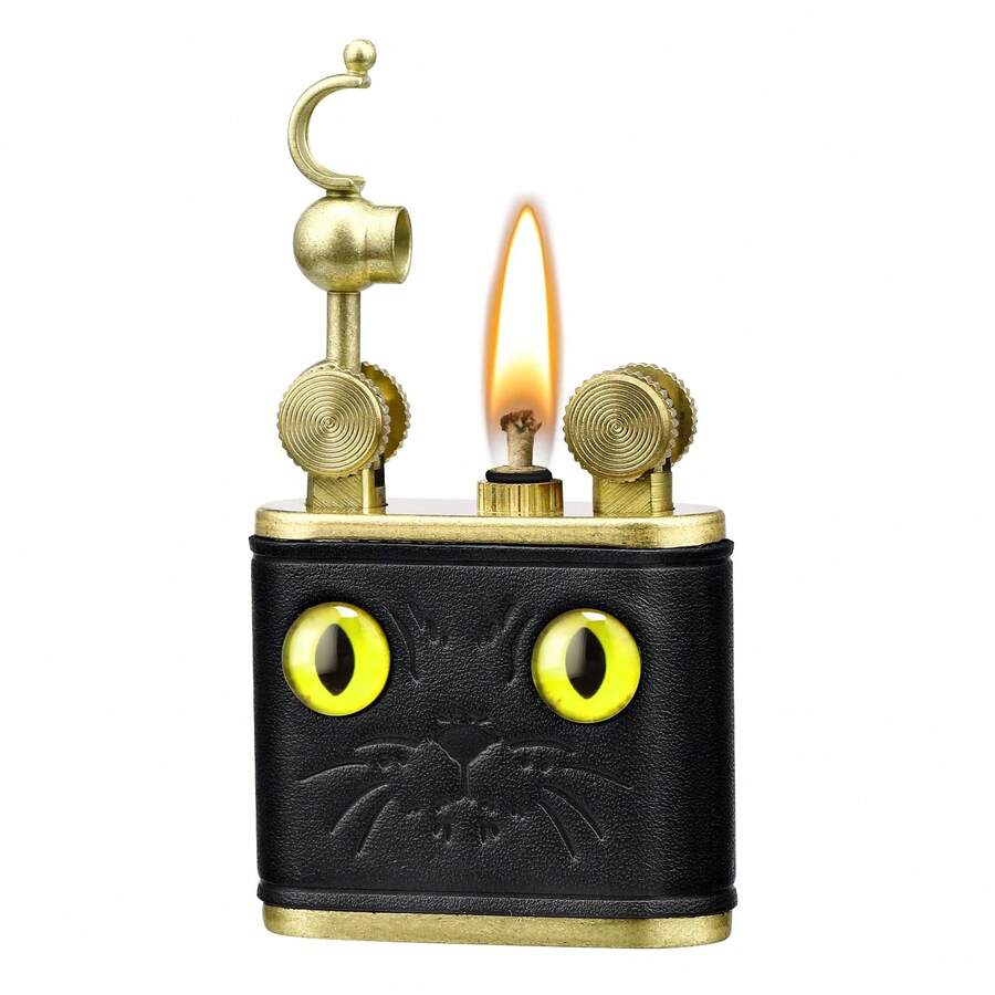 Cool Kerosene Lighters Fluid Refillable, Cute Cat Pipe Lighter With Removable Brass Lighter Case/Insert, Reusable Vintage/Antique Trench Flint Lighter, Unique Gifts For Men Women (Black) - Gold - View 1
