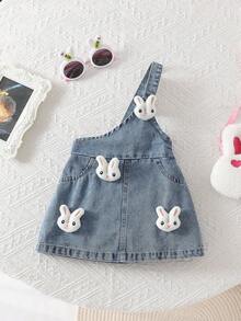 2pcs Baby Girl Puff Sleeve Polo Top And 3D Rabbit Denim Skirt Outfit, Cute Streetwear Casual Suit For Outdoor Play